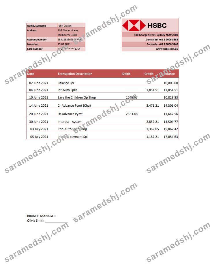 Australia HSBC Bank statement template in Excel and PDF format, fully editable
